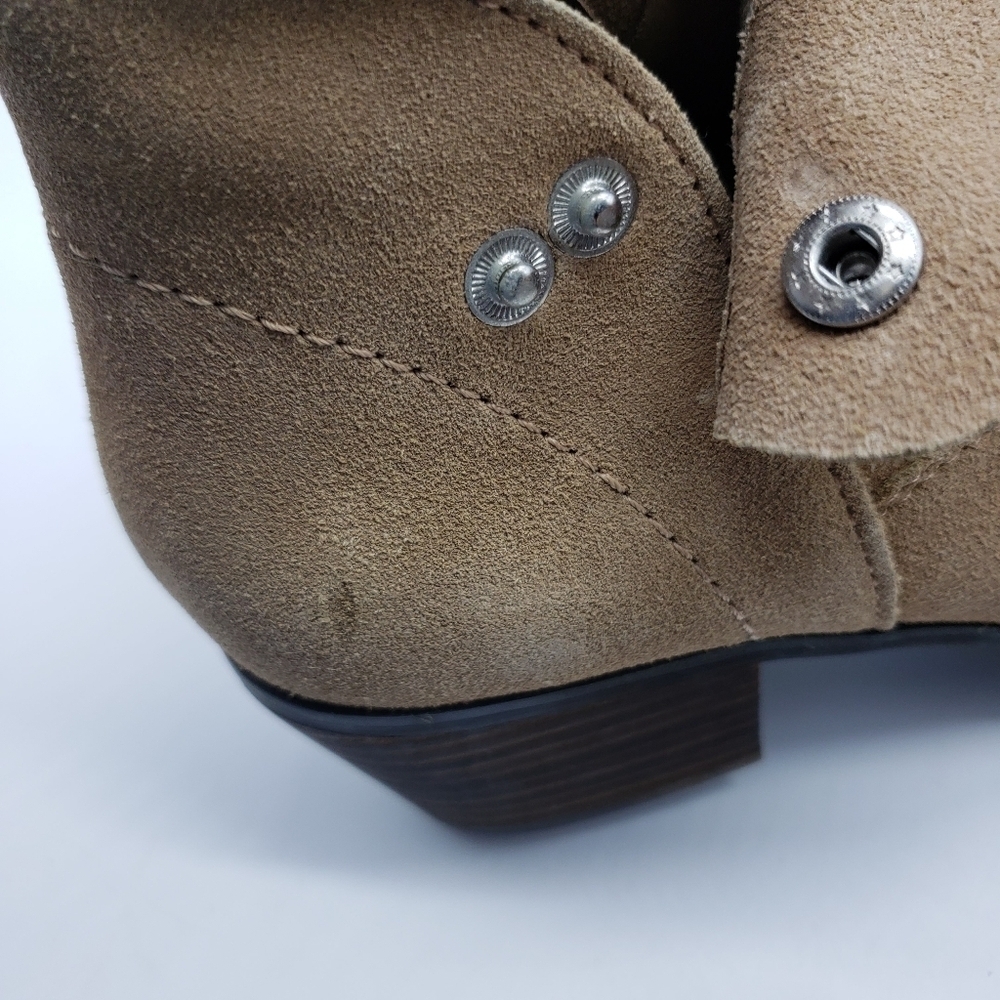 Plume by FarylRobin women US 9 DORAN tan suede ankle booties side snap woven - Picture 4 of 15
